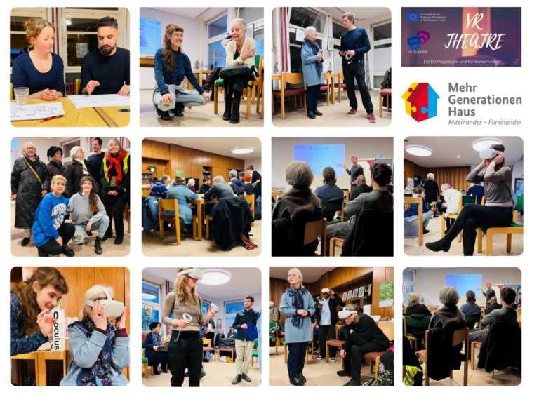 Collage mit Bildern von älteren Menschen, die VR-Brillen testen.