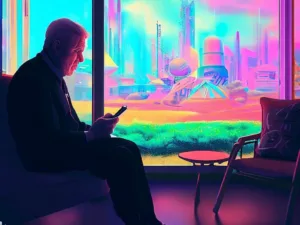 KI-generiertes Bild: Im Hintergrund futuristische Umgebung, im Vordergrund schaut ein älterer Mann auf ein smartphone