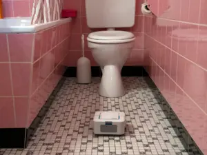 Rosa gefliestes Badezimmer, im Vordergrund ein Wischroboter