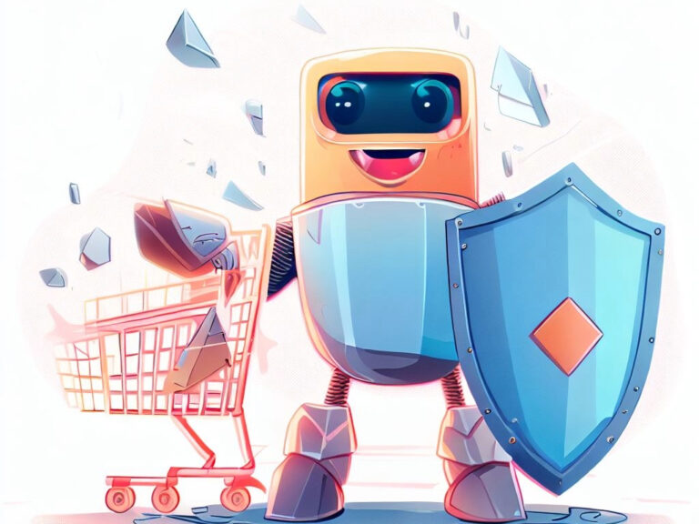 Illustration: Roboter mit Schutzschild und Einkaufswagen