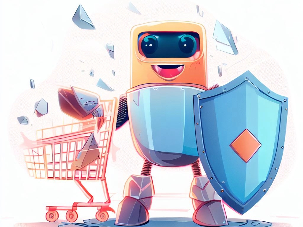 Illustration: Roboter mit Schutzschild und Einkaufswagen
