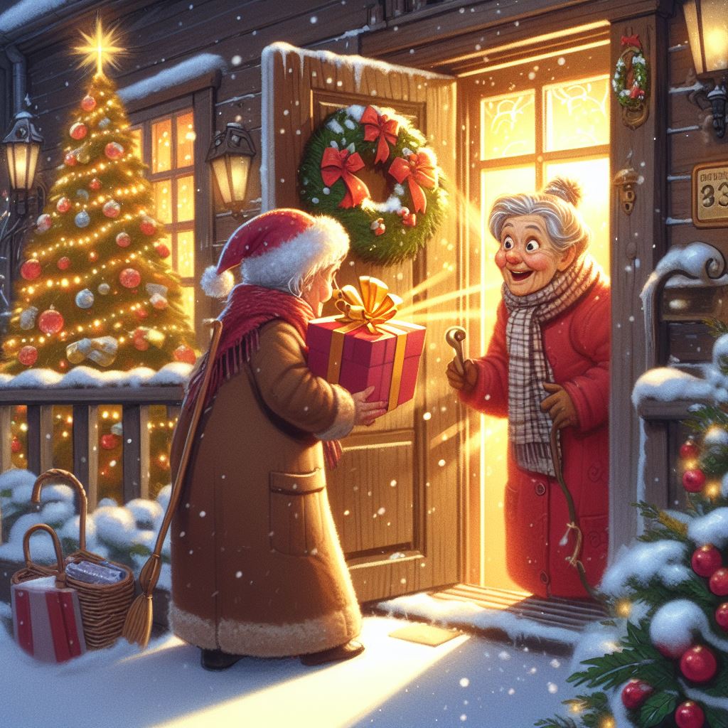 Weihnachtliche Illustration: Eine ältere Frau öffnet die Tür, eine Frau mit Weihnachtszipfelmütze überreicht ihr ein blinkendes Weihnachtsgeschenk. 