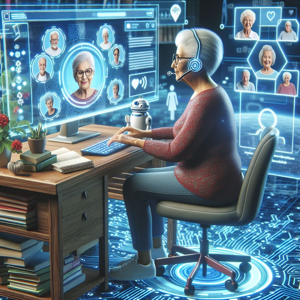 Futuristische Darstellung: Eine ältere Frau sitzt vor einem Computer und ist mit einer virtuellen Seniorengruppe vernetzt, die von einem Chatbot moderiert wird