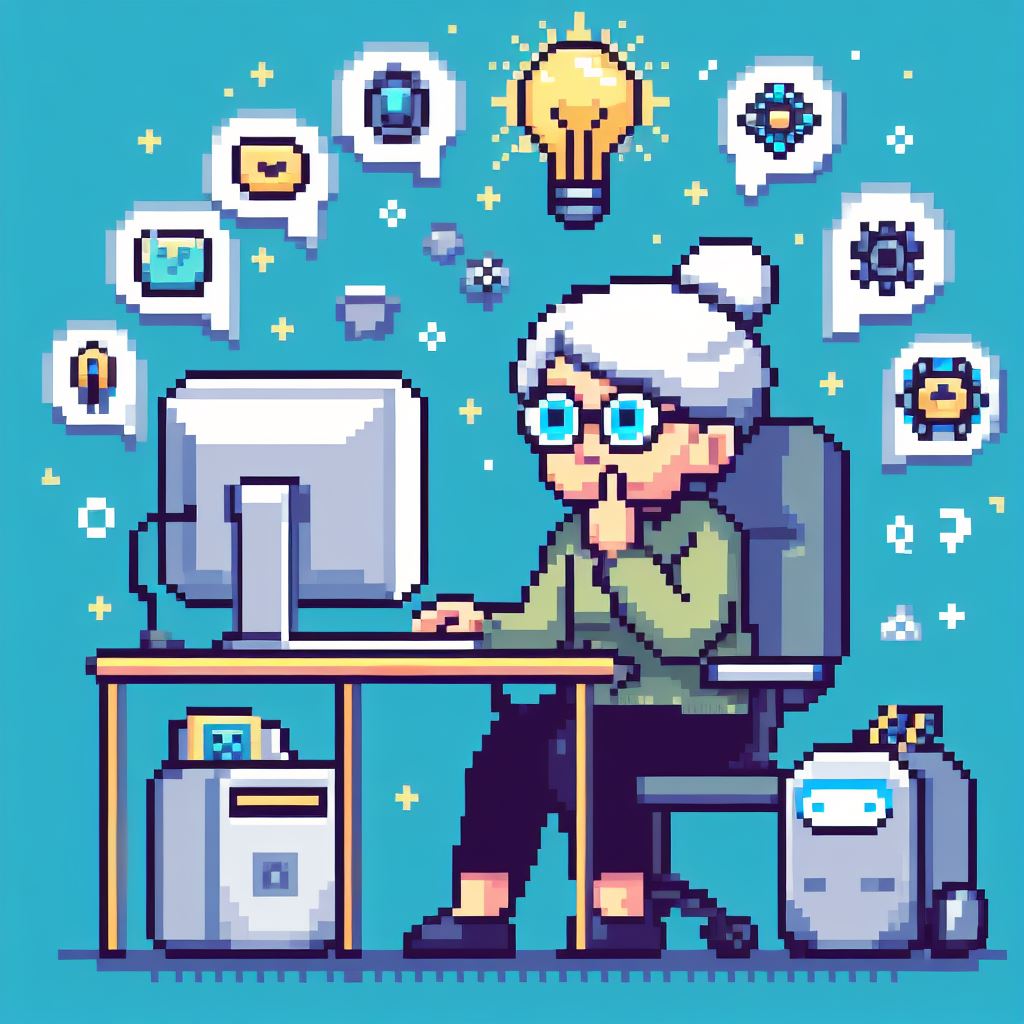 Pixelgrafik: Ältere Frau Sitzt vor einem Computer