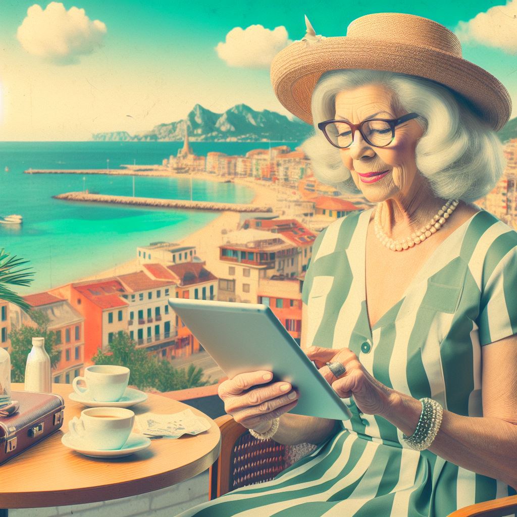 Im Retro-Stil eines Reiseprospekts der 50er Jahre: Eine ältere Frau ist an einem Urlaubsort und hält bei ihrer Besichtigungstour ein Tablet in der Hand.