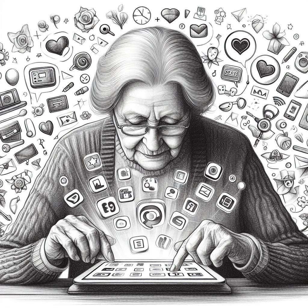 Bleistiftzeichnung: ältere Frau tippt auf ein Tablet mit vielen unterschiedlichen Icons. Im Hintergrund viele Icons.
