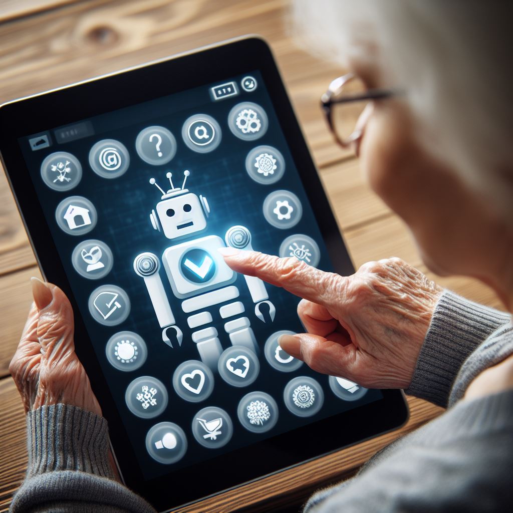 Eine ältere Frau tippt auf einem Tablet mit vielen unterschiedlichen Icons auf das Icon eines Roboters.