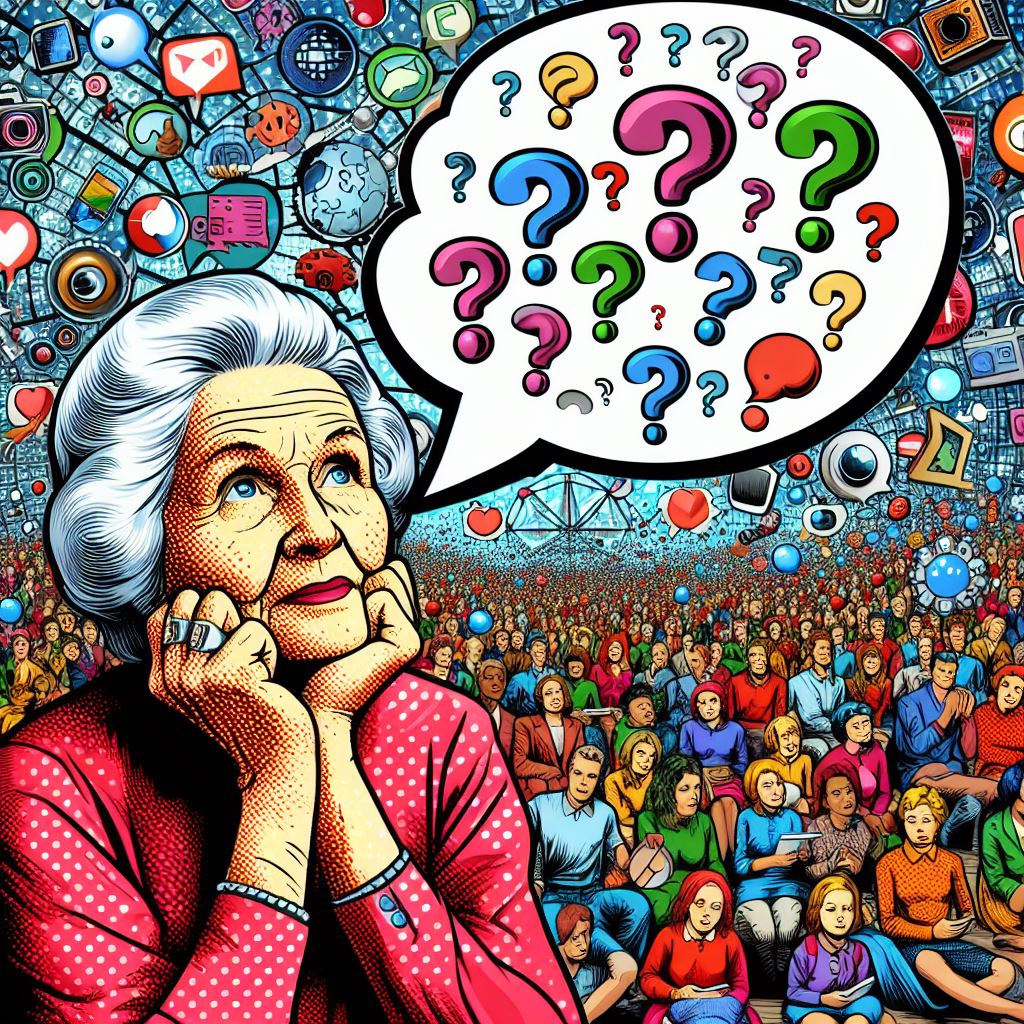 Popart: Eine ältere Frau schaut auf eine Welt voller Menschen und Technik mit einer Sprechblase voller Fragezeichen