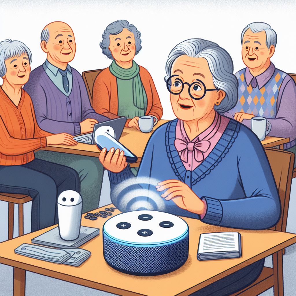 Ilustration: Eine ältere Frau sitzt in einem Senioreninternetcafe und lernt gemeinsam mit anderen älteren Menschen 