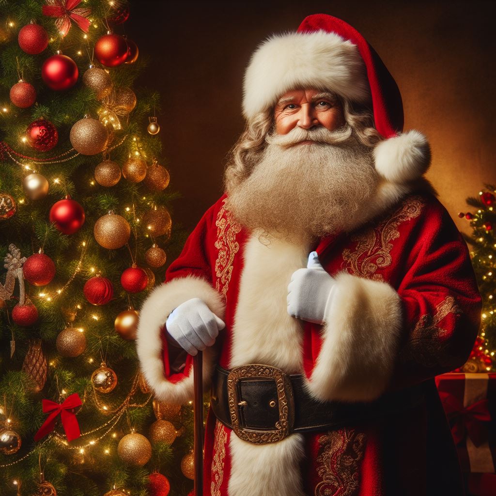 Nikolaus mit Daumen nach oben neben einem Weihnachtsbaum.