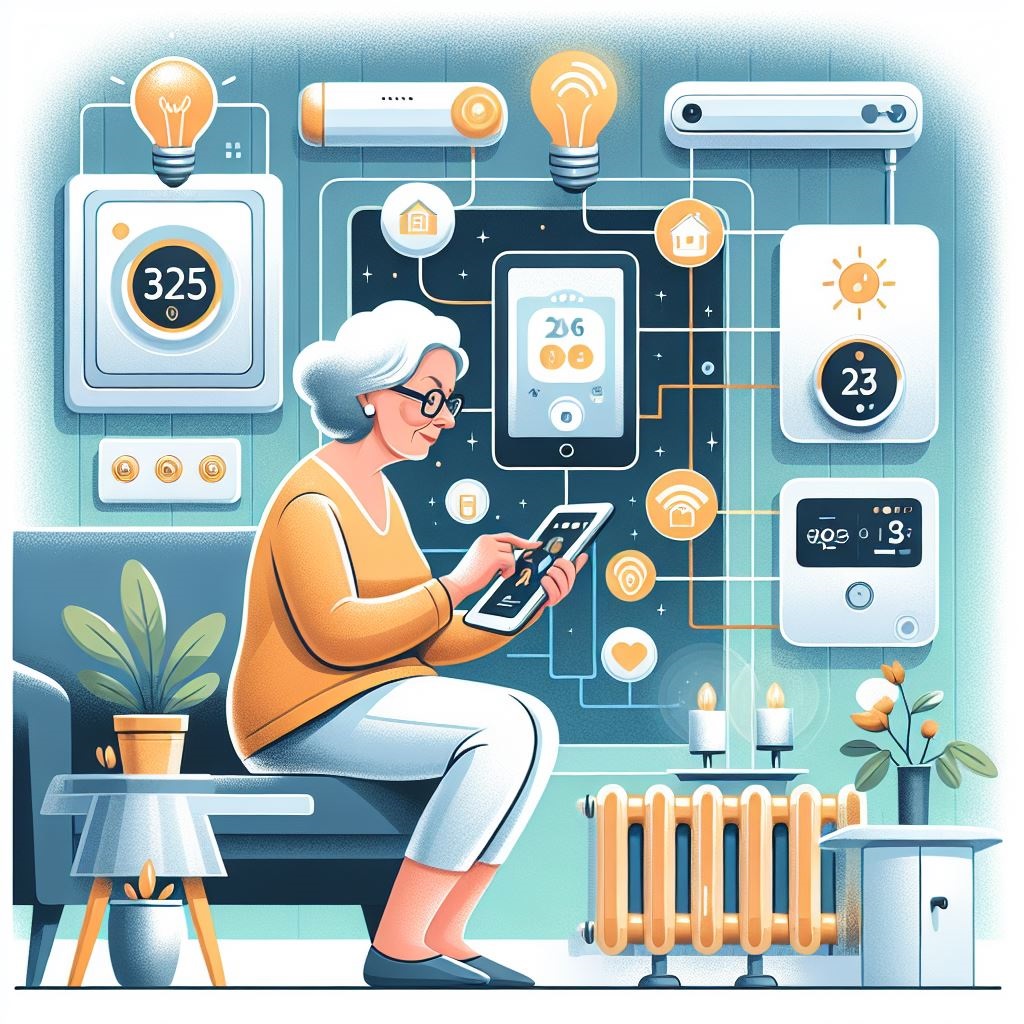 Illustration: Ältere Frau informiert sich über ihr Tablet über Smart Home-Anwendungen wie smarte Heizungsthermostate, smarte Glühbirnen und smarte Türklingeln.