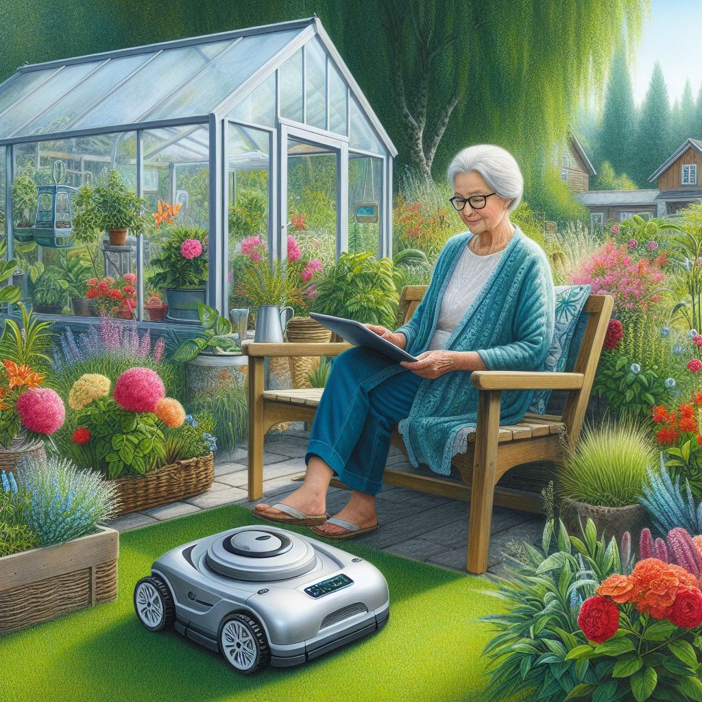 botanische malerei: ältere frau mit sitzt entspannt auf einer bank in einem garten vor einem kleinen gewächshaus, überall wachsen blumen. die frau schaut auf ein tablet. im hintergrund ist ein mähroboter zu sehen