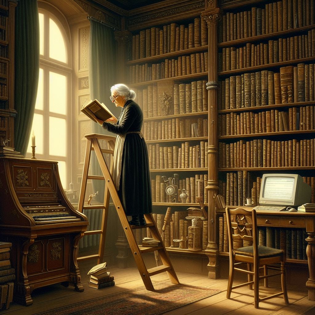 EIn Gemälde im Stil von Carl Spitzweg: Eine ältere Frau steht auf einer Leiter vor einem Bücherregal  und liest ein Buch. Im Vordergrund befindet sich ein Schreibtisch, auf  dem ein Computer steht.