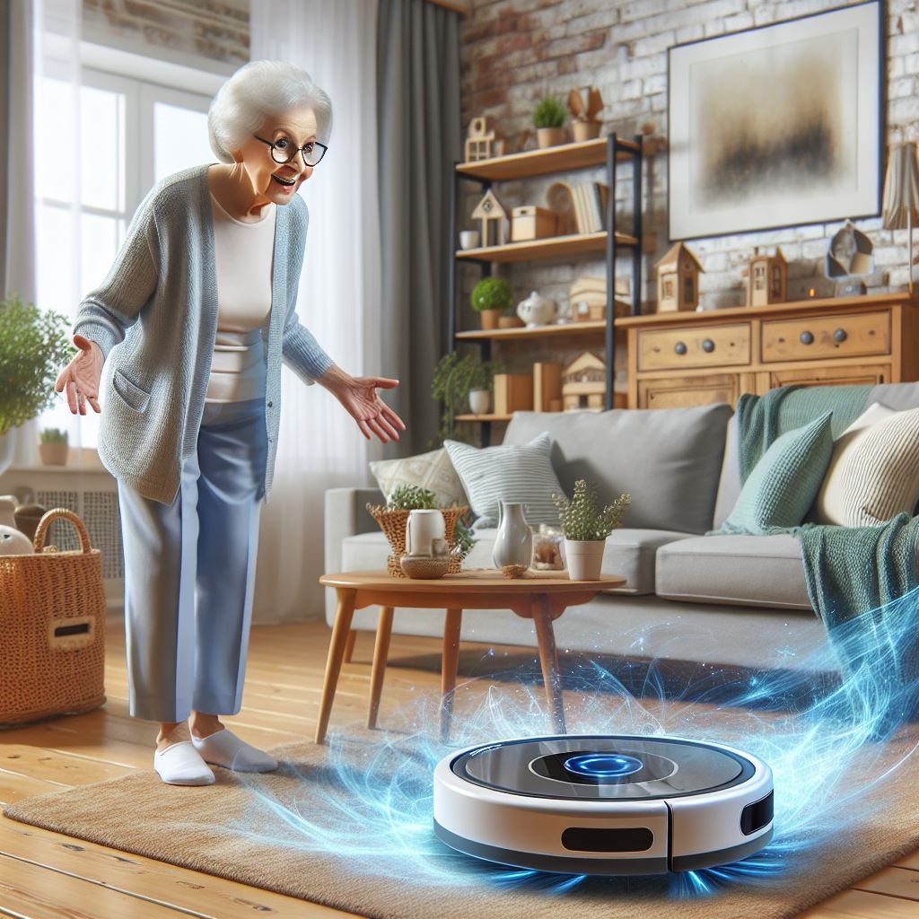  Eine ältere Frau steht im Raum und sieht voller Begeisterung einem Staubsaugerroboter zu, der dynamisch durch den Raum wirbelt.