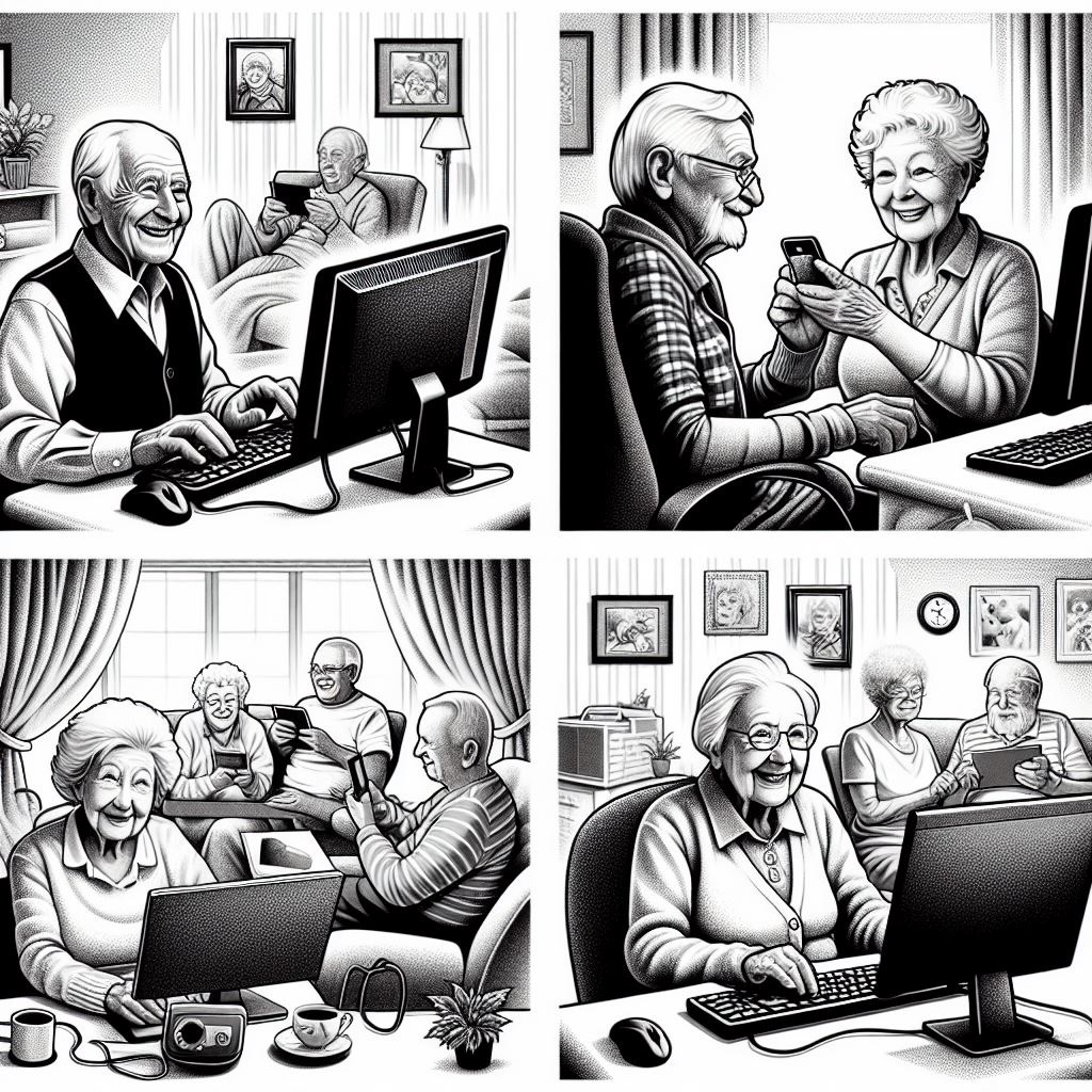 Schwarz-weiß-Zeichnung. Mehrere Seniorinnen und Senioren sitzen in ihrem jeweiligen Zuhause an verschiedenen Computern und versenden freudig Emails.