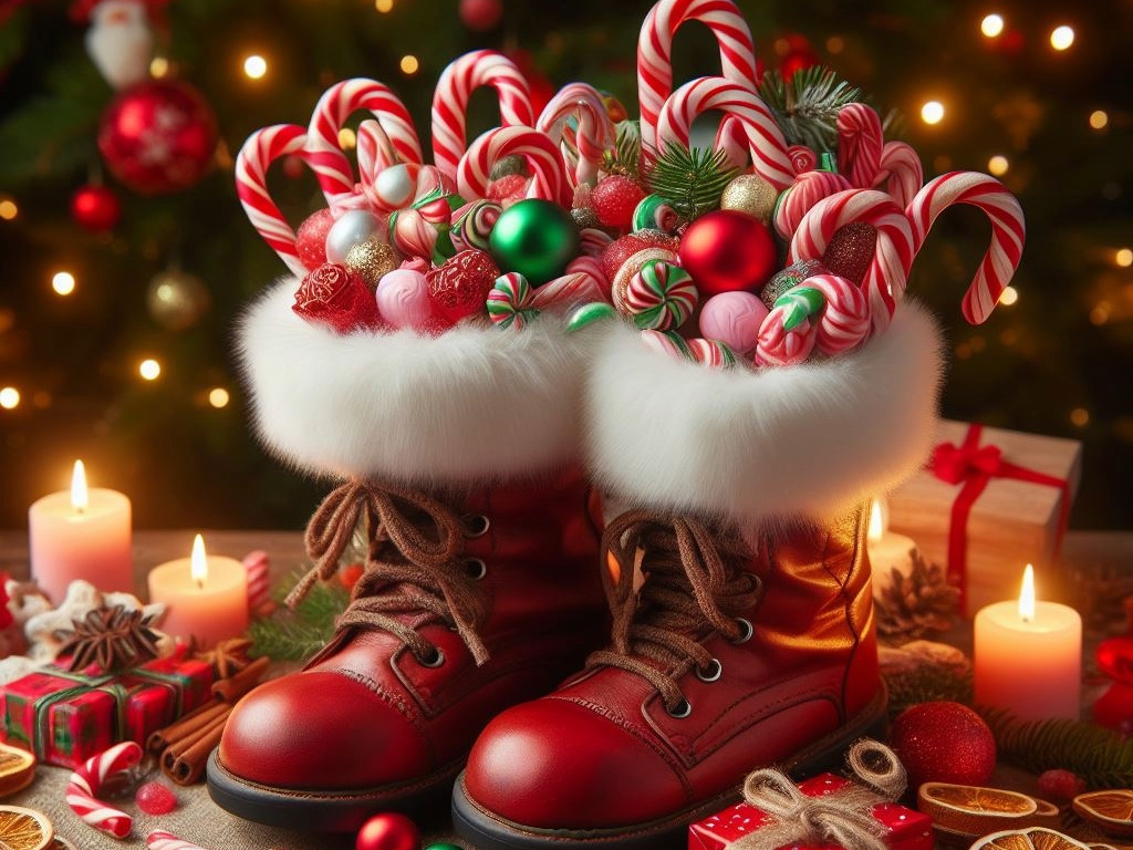 Nikolausstiefel gefüllt mit bunten Kugeln und Zuckerstangen