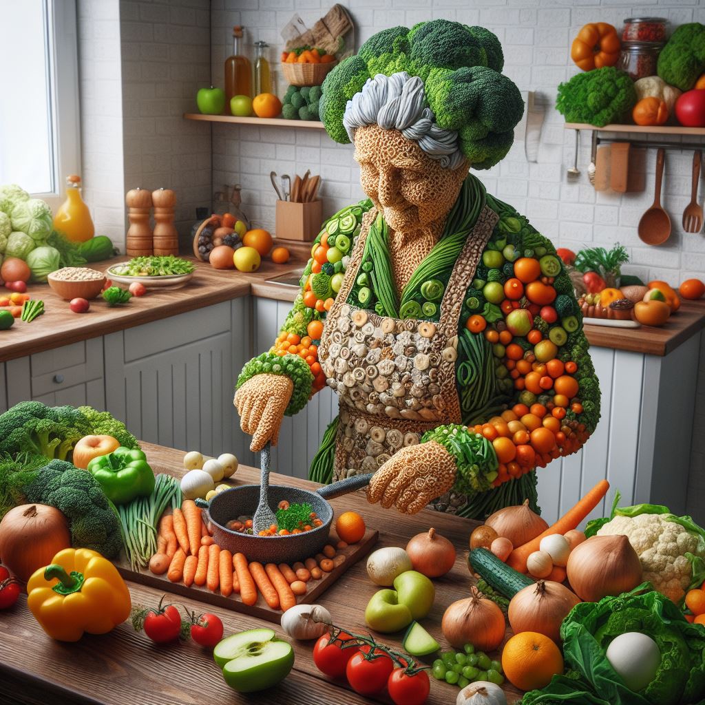 Eine ältere Frau steht in der Küche und kocht, die Frau und die gesamte Umgebung sind aus Lebensmitteln hergestellt.
