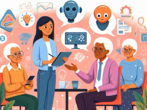 Illustration: Studentin befragt ältere Menschen. Sprechblasen mit Roboterköpfen und technischen Geräten