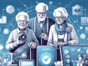 Illustration: Drei Ältere stehen vor digitalen Geräten