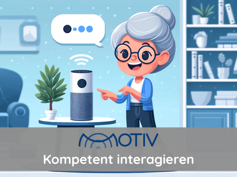 Illustration: Ältere Frau spricht mit Sprachassistenten. Schriftzug "Kompetent interagieren"