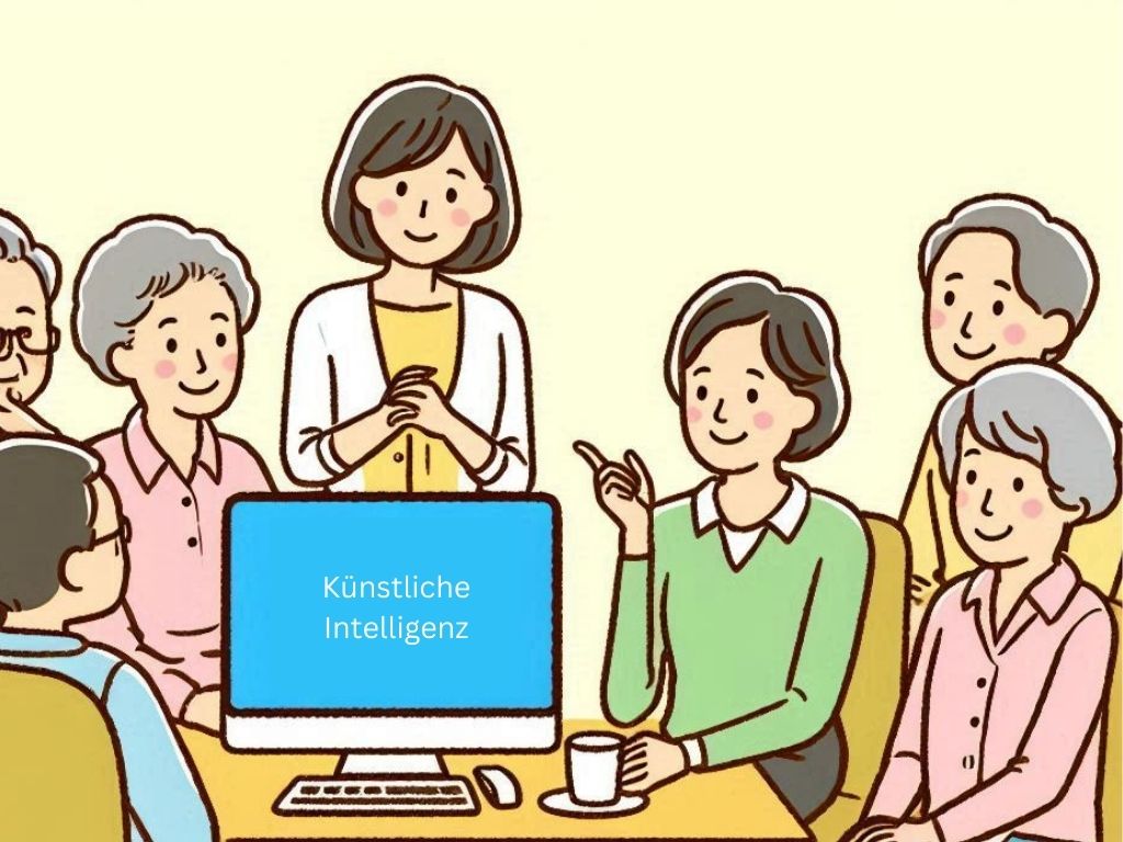 mehrere ältere Menschen sitzen an einem Tisch und unterhalten sich. Auf dem Tisch steht ein Computer auf dem die Worte "Künstliche Intelligenz" zu sehen sind.