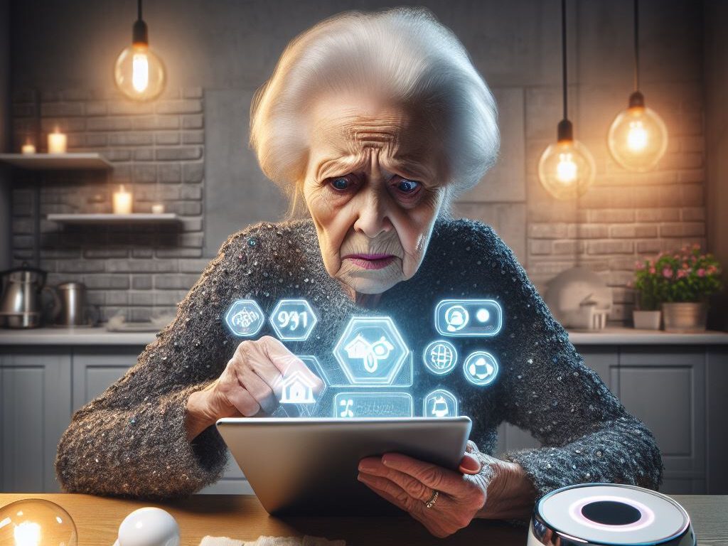 Ältere Frau schaut ängstlich auf digitale Geräte