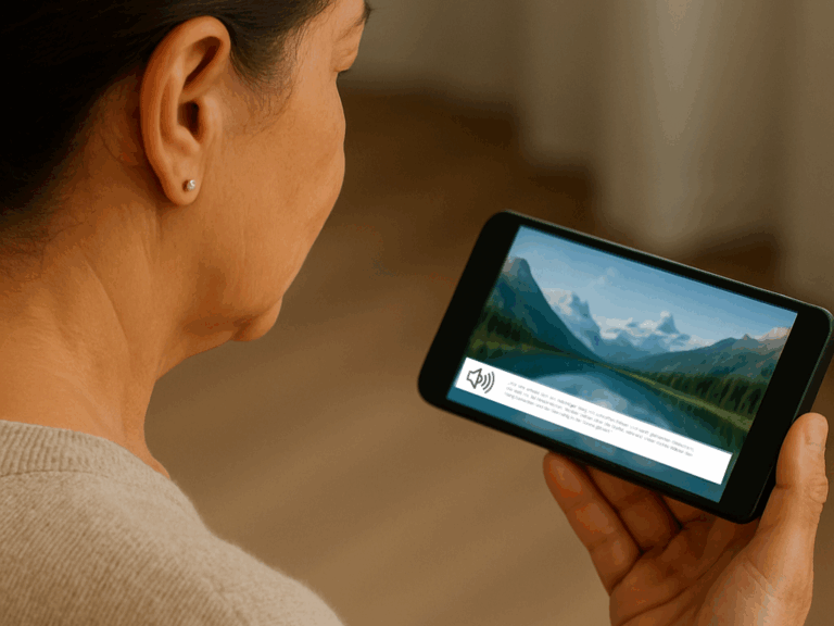 Eine ältere Frau ist von hinten zu sehen. Über ihre Schulter sieht man, dass sie ein Handy in der Hand hält. Auf dem Display ist eine Berglandschaft zu sehen unten werden Untertitel angezeigt.